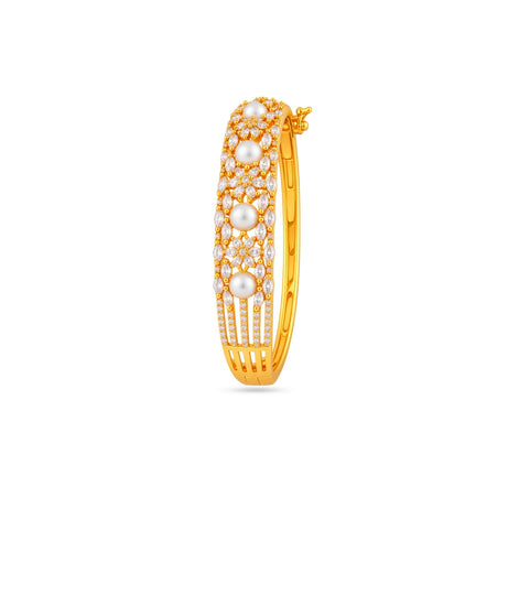 Gold Plated Pearl & Floral Marquise AD Flexible Bracelet