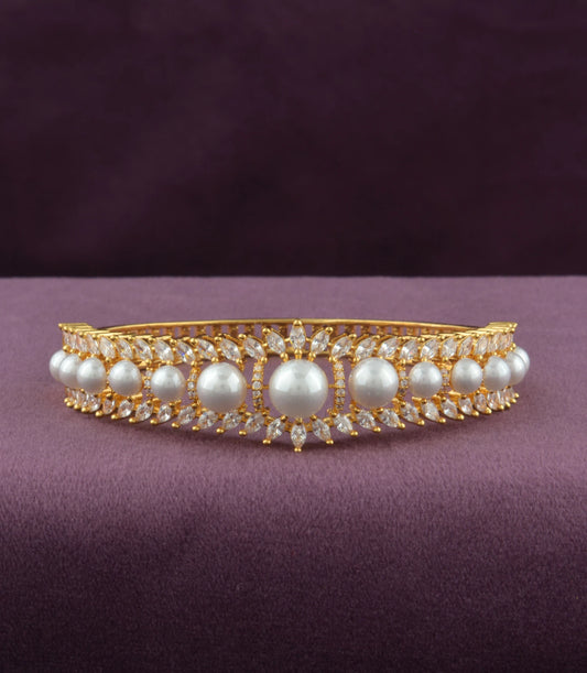 Gold Plated Pearl Solitaire AD Flexible Bracelet
