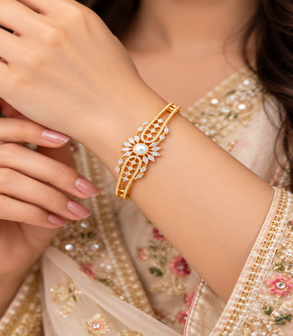 Gold Plated Pearl Centerpiece AD Flexible Bracelet