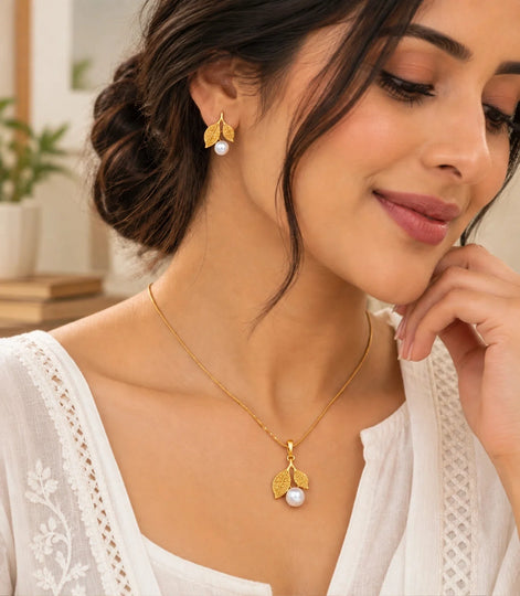 Gold Plated Delicate Pearl CZ Chain Pendant Set