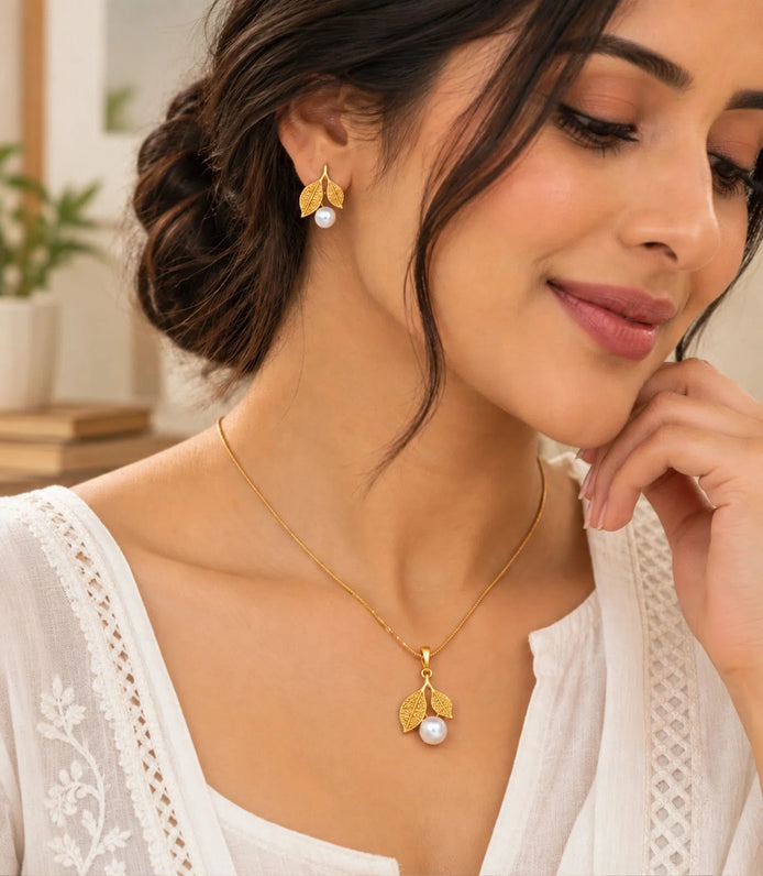 Gold Plated Delicate Pearl CZ Chain Pendant Set