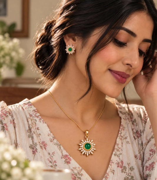 Gold Plated Delicate Green Star CZ Chain Pendant Set