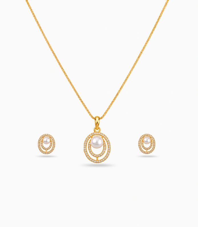 Gold Plated Sleek Pearl Necklace Set