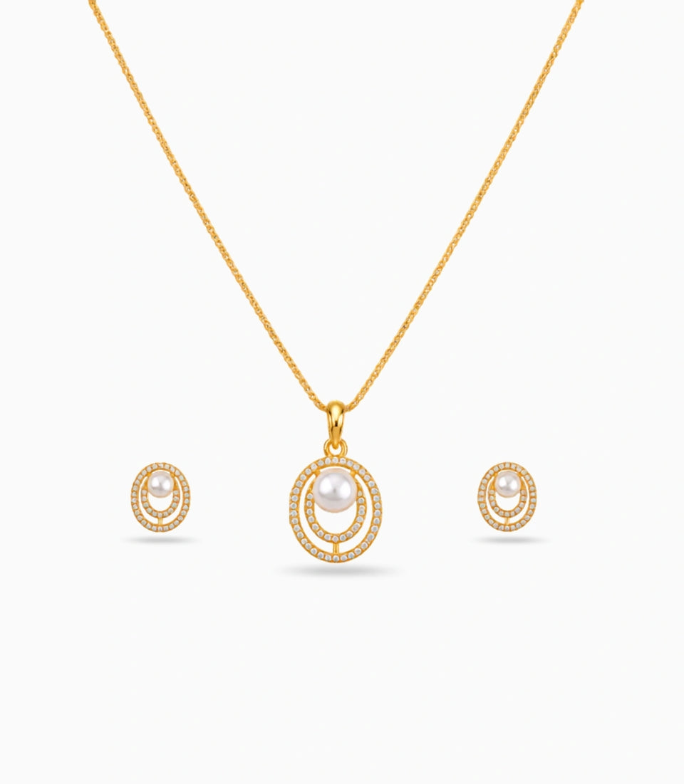Gold Plated Sleek Pearl Necklace Set