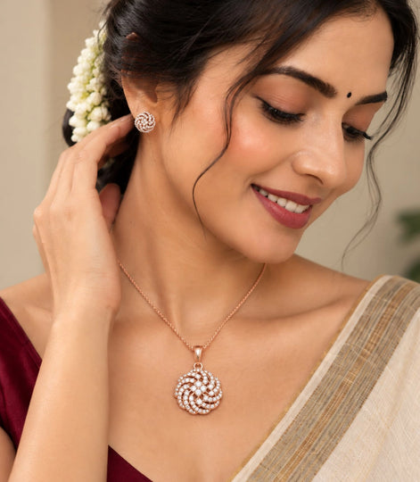 Rose Gold Plated Delicate Party CZ Chain Pendant Set