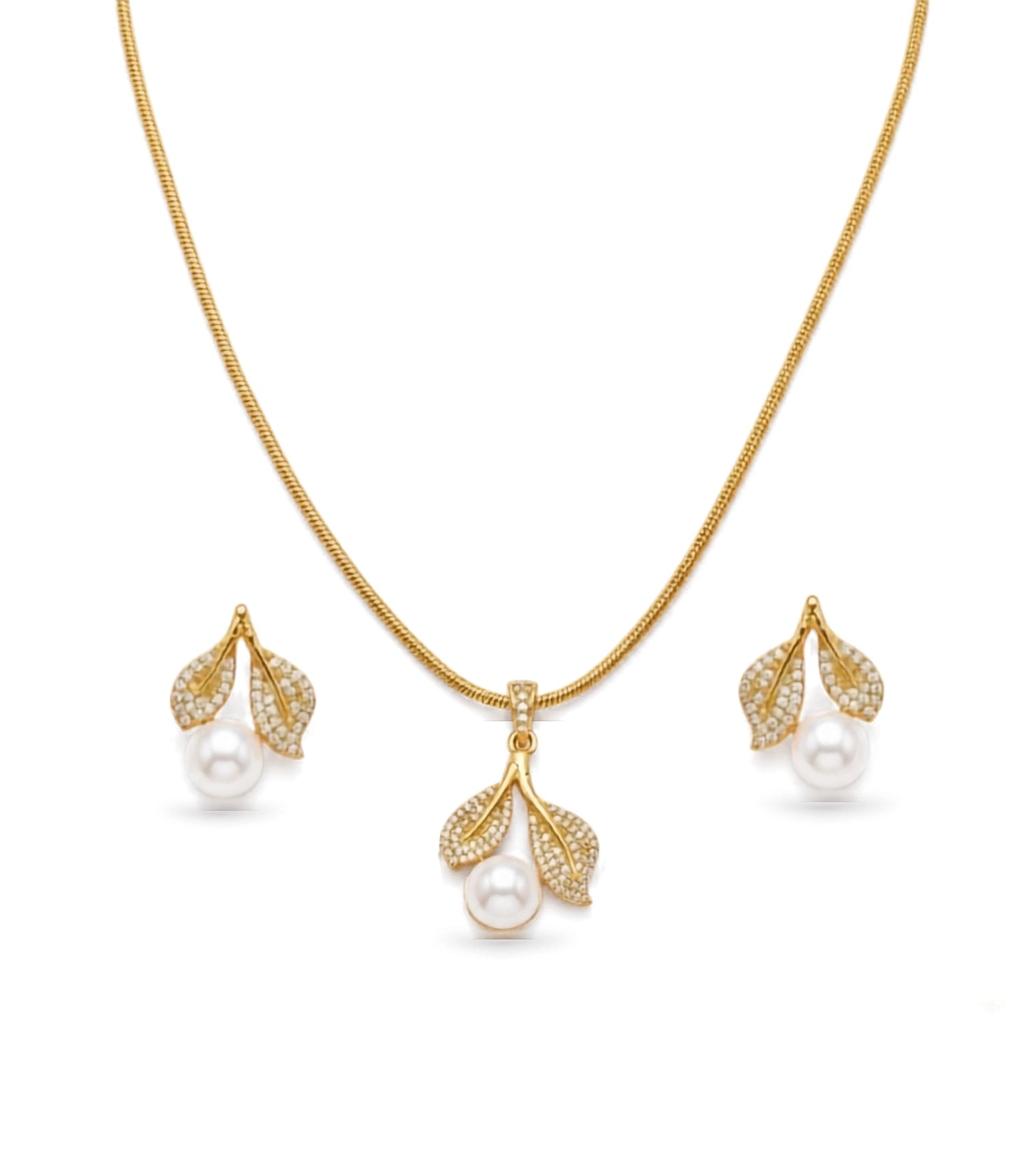 Gold Plated Leaf AD Pearl Necklace Set