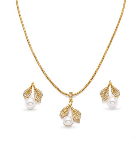 Gold Plated Leaf AD Pearl Necklace Set
