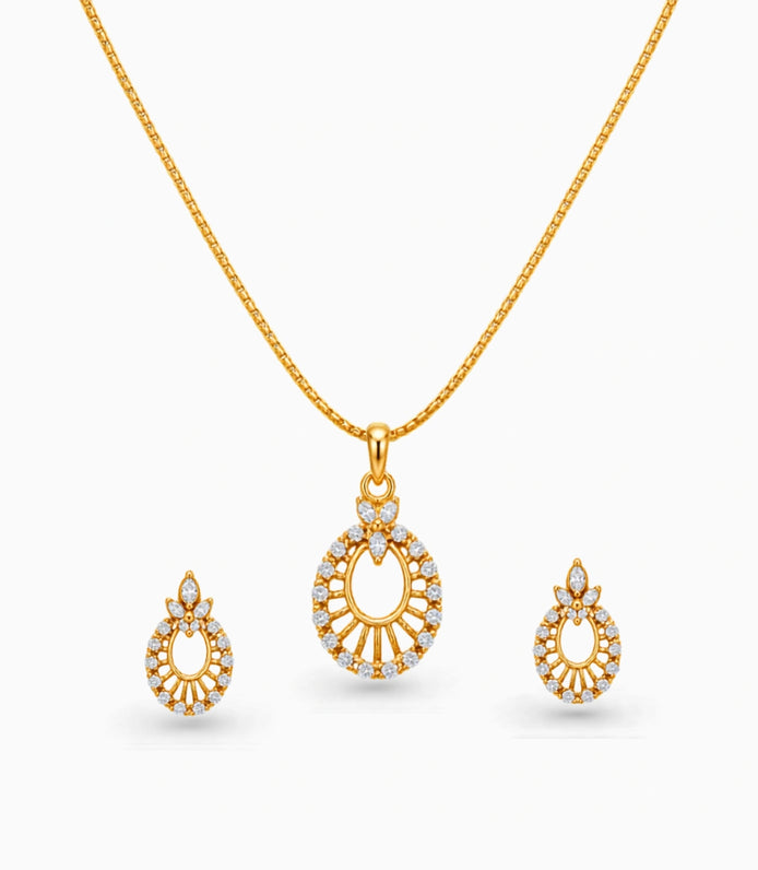 Gold Plated Delicate Oval CZ Chain Pendant Set