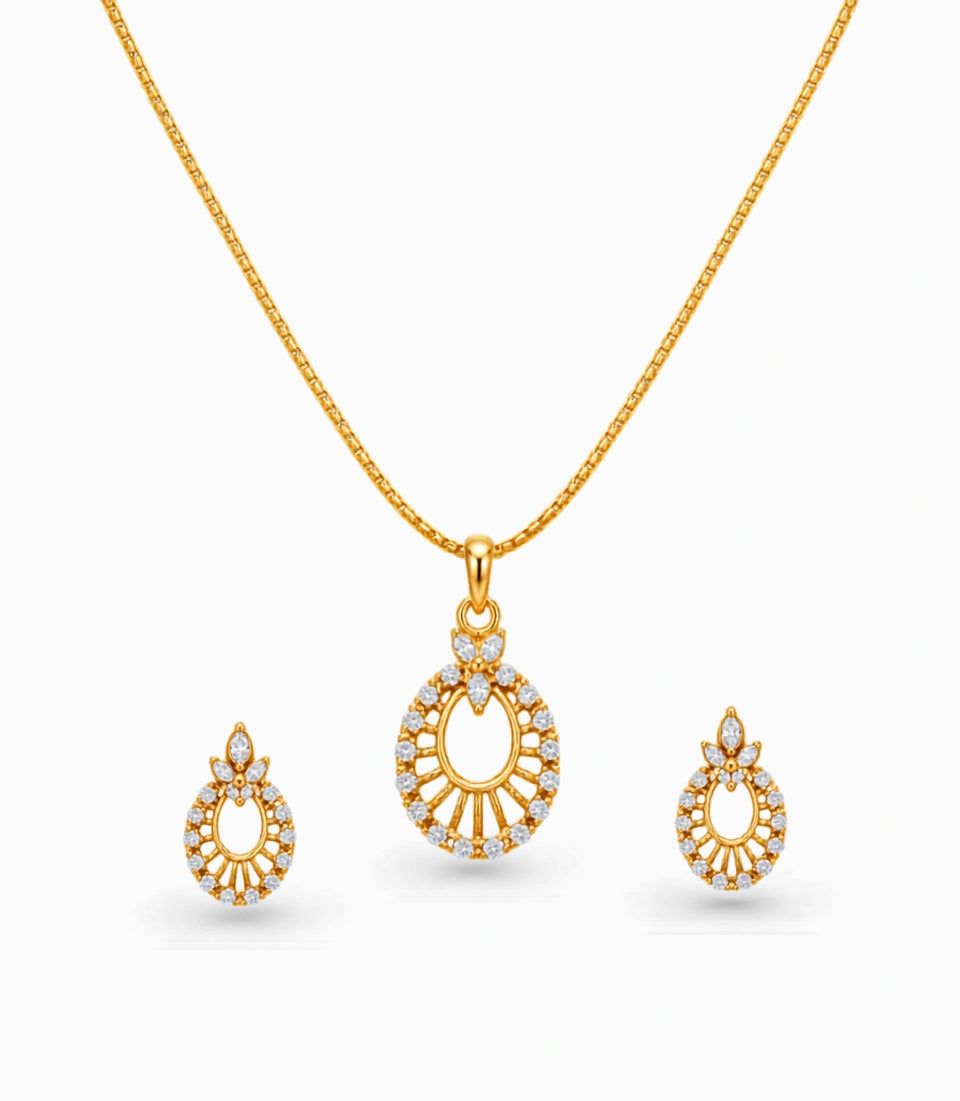 Gold Plated Delicate Oval CZ Chain Pendant Set