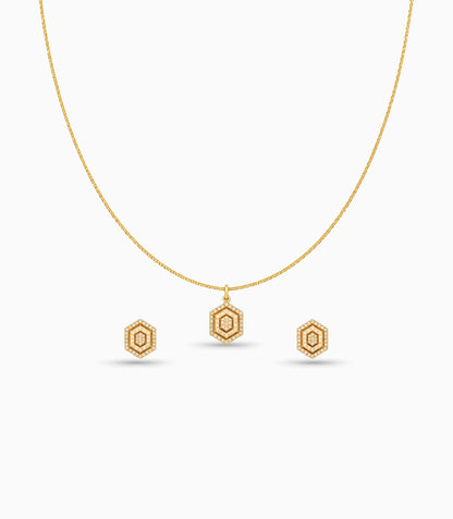 Rose Gold Plated Delicate Hexagon CZ Chain Pendant Set