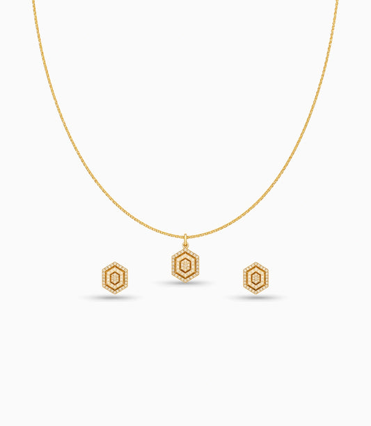 Rose Gold Plated Delicate Hexagon CZ Chain Pendant Set