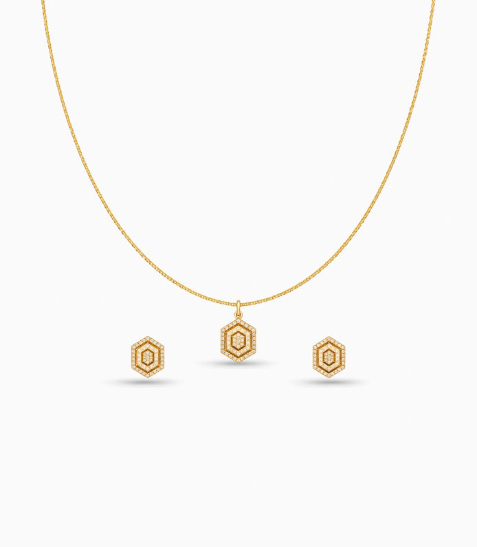 Rose Gold Plated Delicate Hexagon CZ Chain Pendant Set