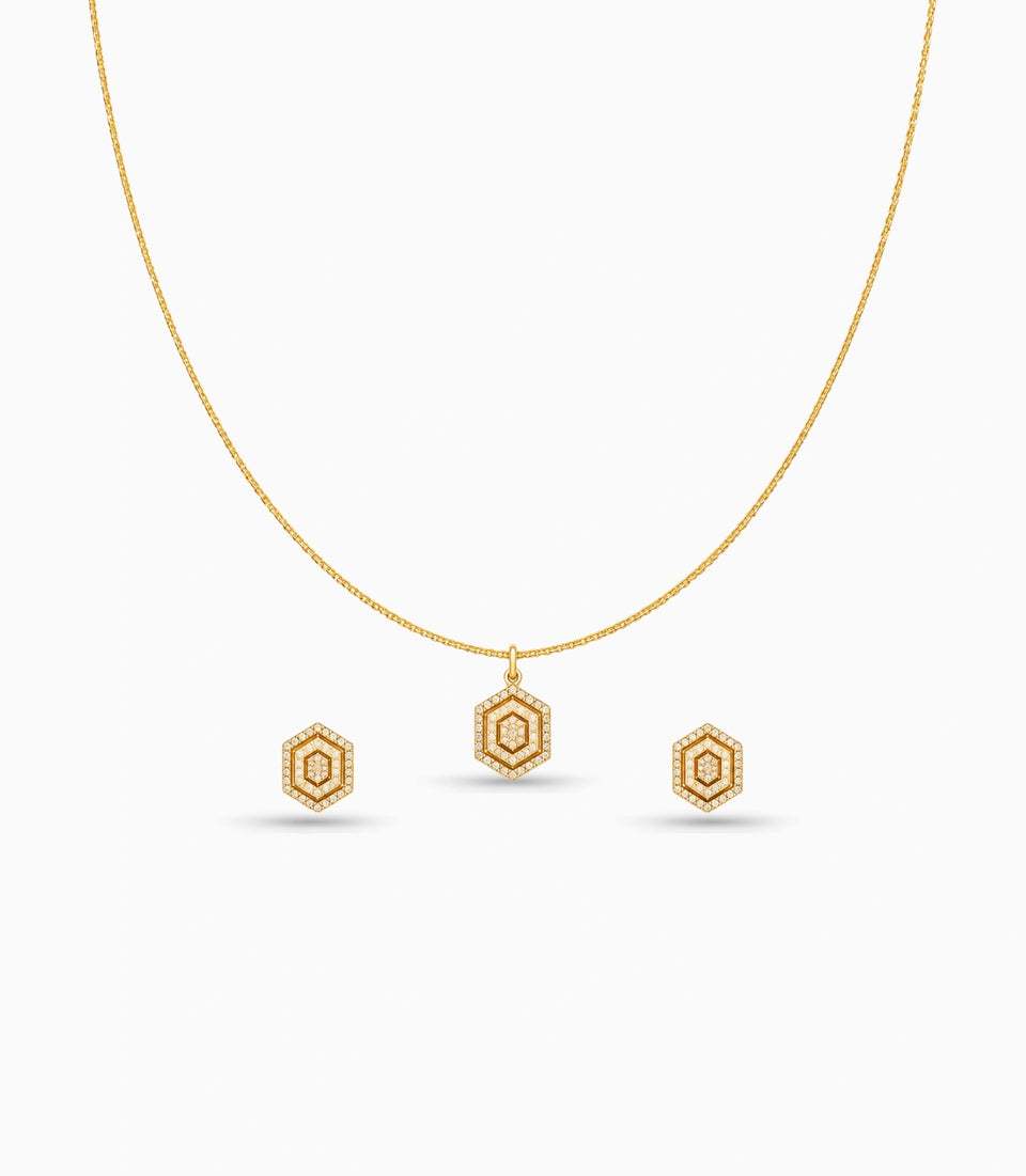 Rose Gold Plated Delicate Hexagon CZ Chain Pendant Set