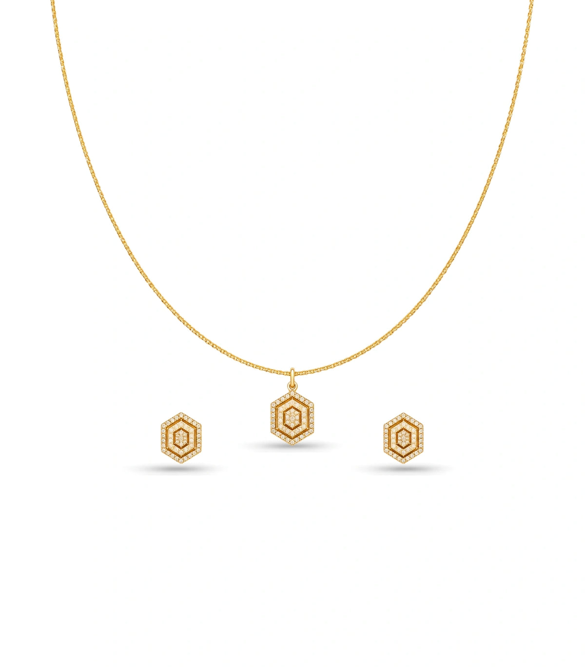 Rose Gold Plated Delicate Hexagon CZ Chain Pendant Set