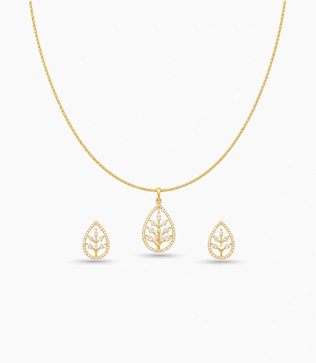 Gold Plated Delicate Leaves CZ Chain Pendant Set