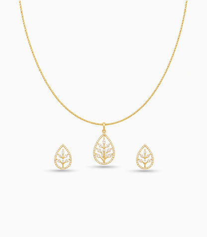 Gold Plated Delicate Leaves CZ Chain Pendant Set