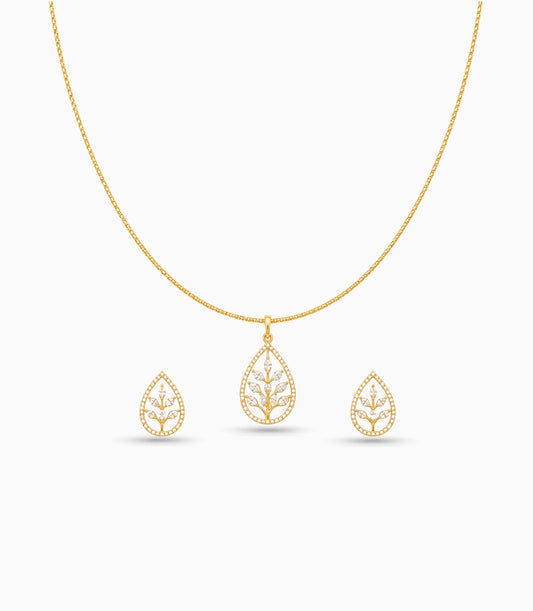 Gold Plated Delicate Leaves CZ Chain Pendant Set