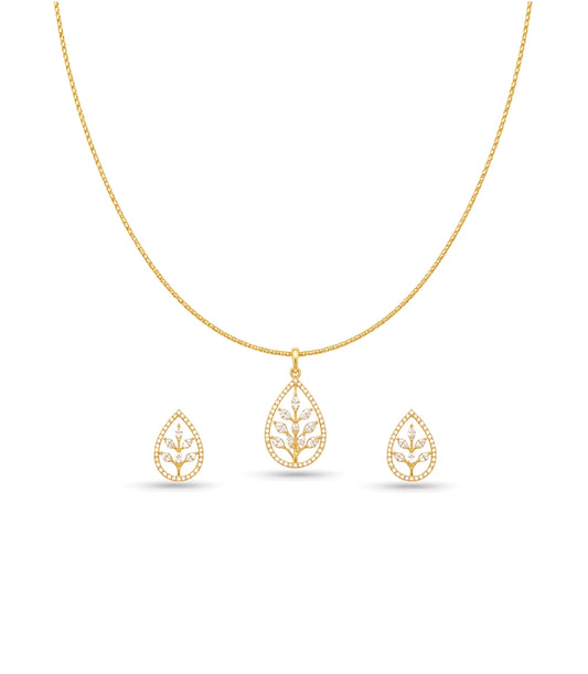 Gold Plated Delicate Leaves CZ Chain Pendant Set