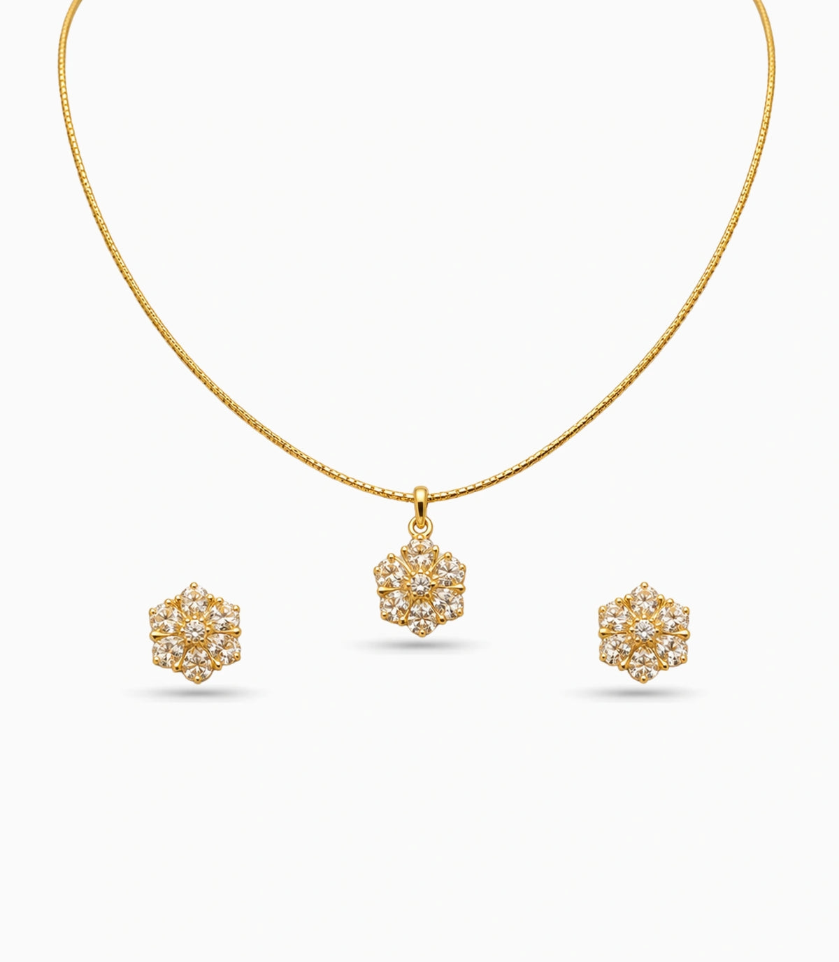 Gold Plated Delicate Floral Cluster CZ Chain Pendant Set