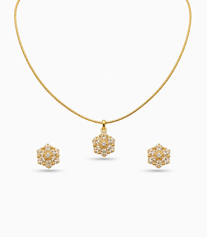 Gold Plated Delicate Floral Cluster CZ Chain Pendant Set