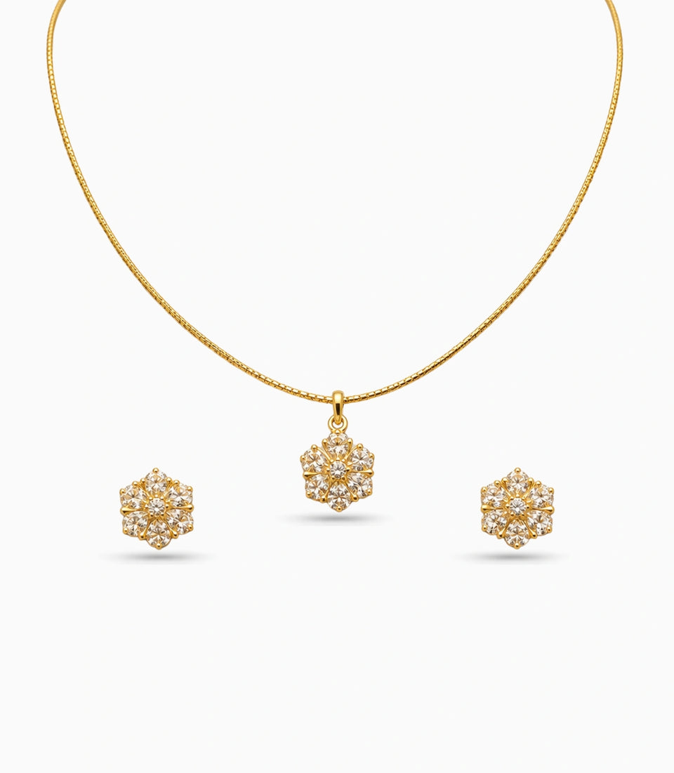 Gold Plated Delicate Floral Cluster CZ Chain Pendant Set