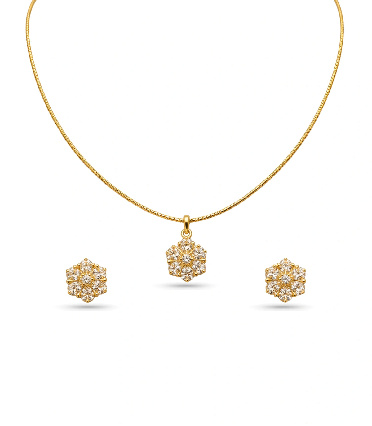 Gold Plated Delicate Floral Cluster CZ Chain Pendant Set
