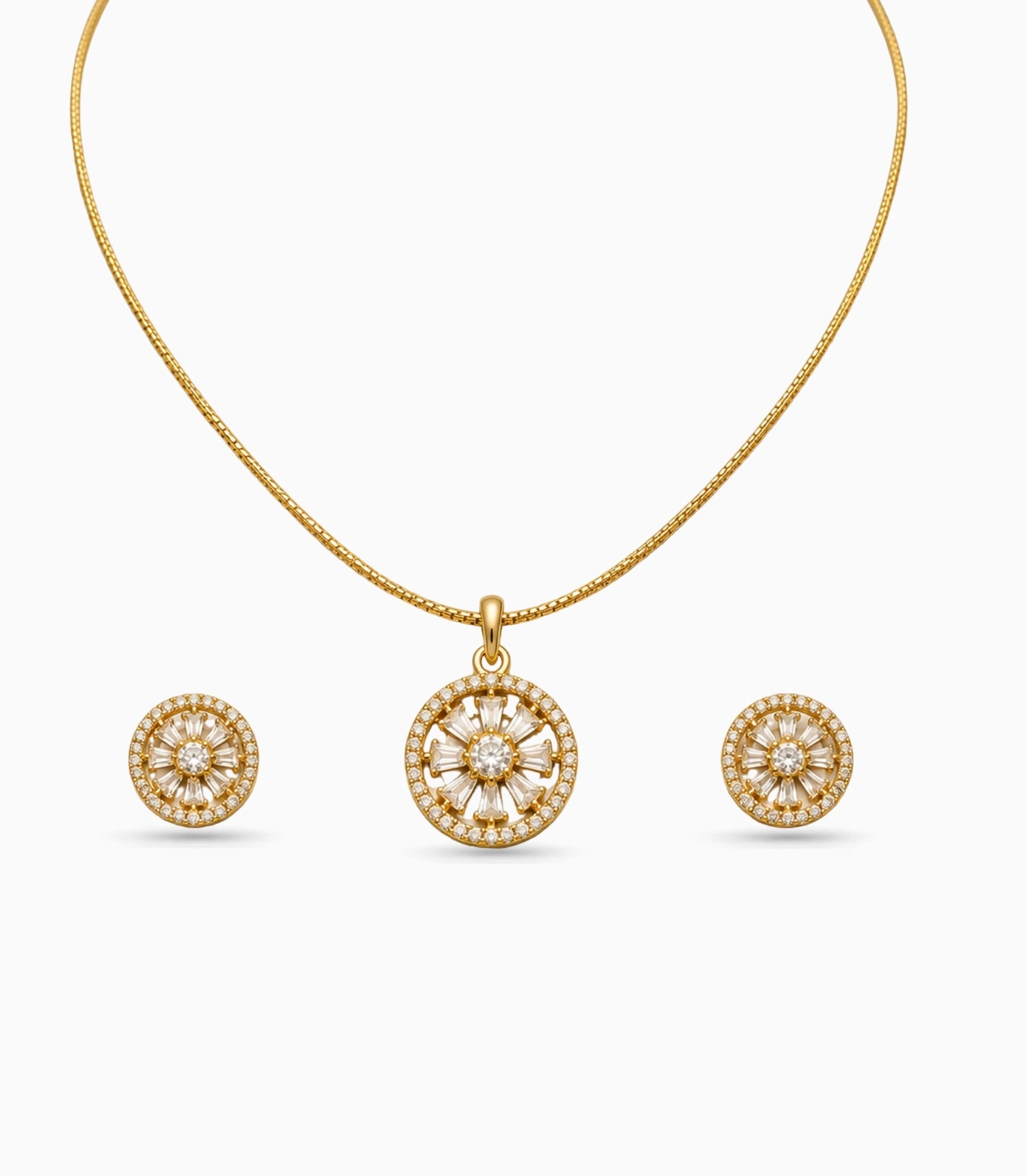 Gold Plated Delicate Round CZ Chain Pendant Set