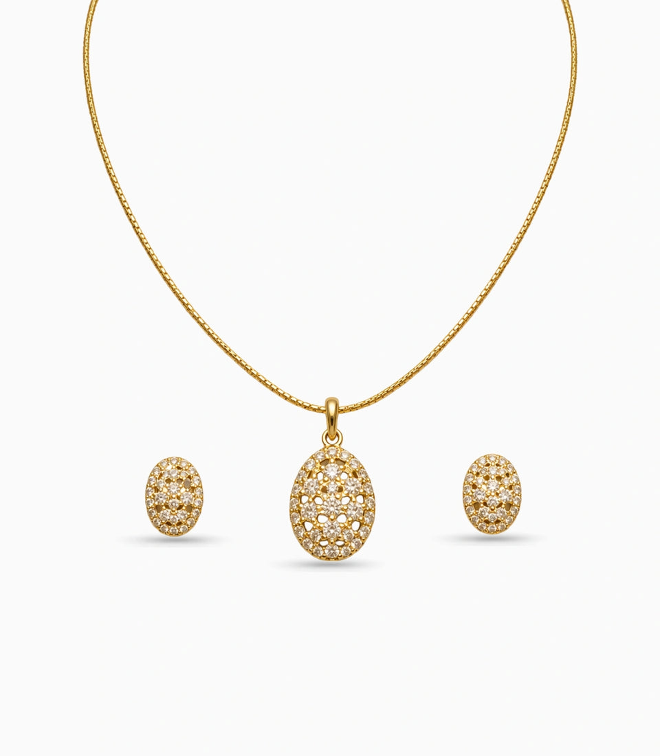 Gold Plated Delicate Floral Lattice CZ Chain Pendant Set