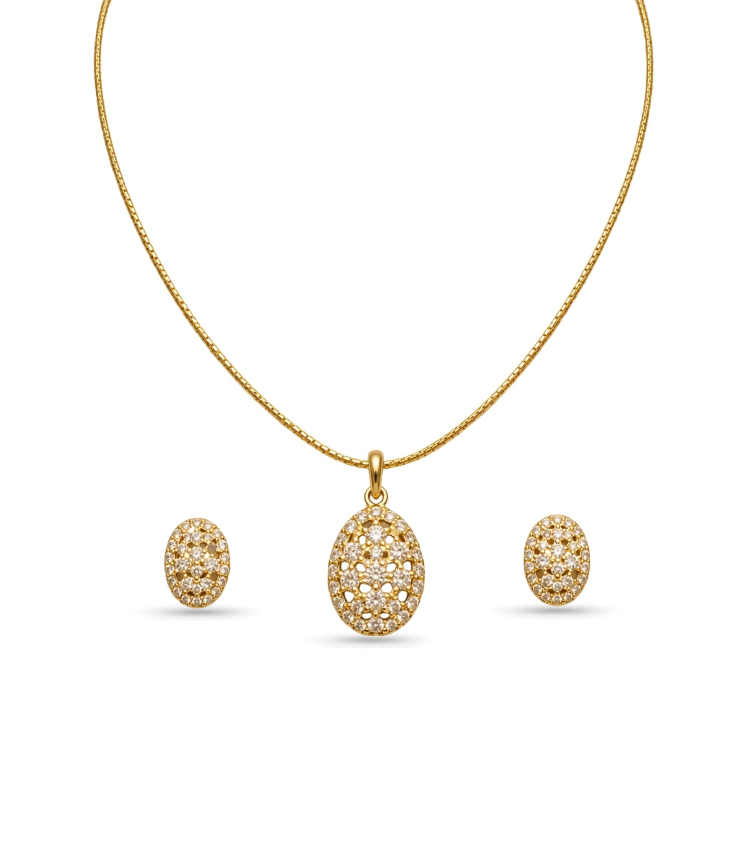 Gold Plated Delicate Floral Lattice CZ Chain Pendant Set