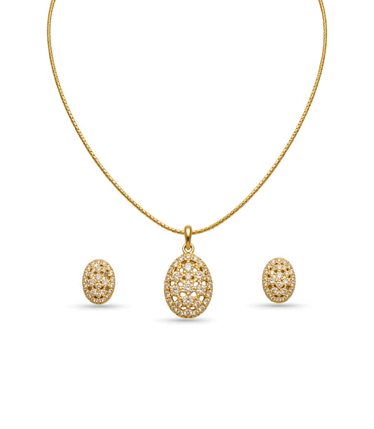 Gold Plated Delicate Floral Lattice CZ Chain Pendant Set