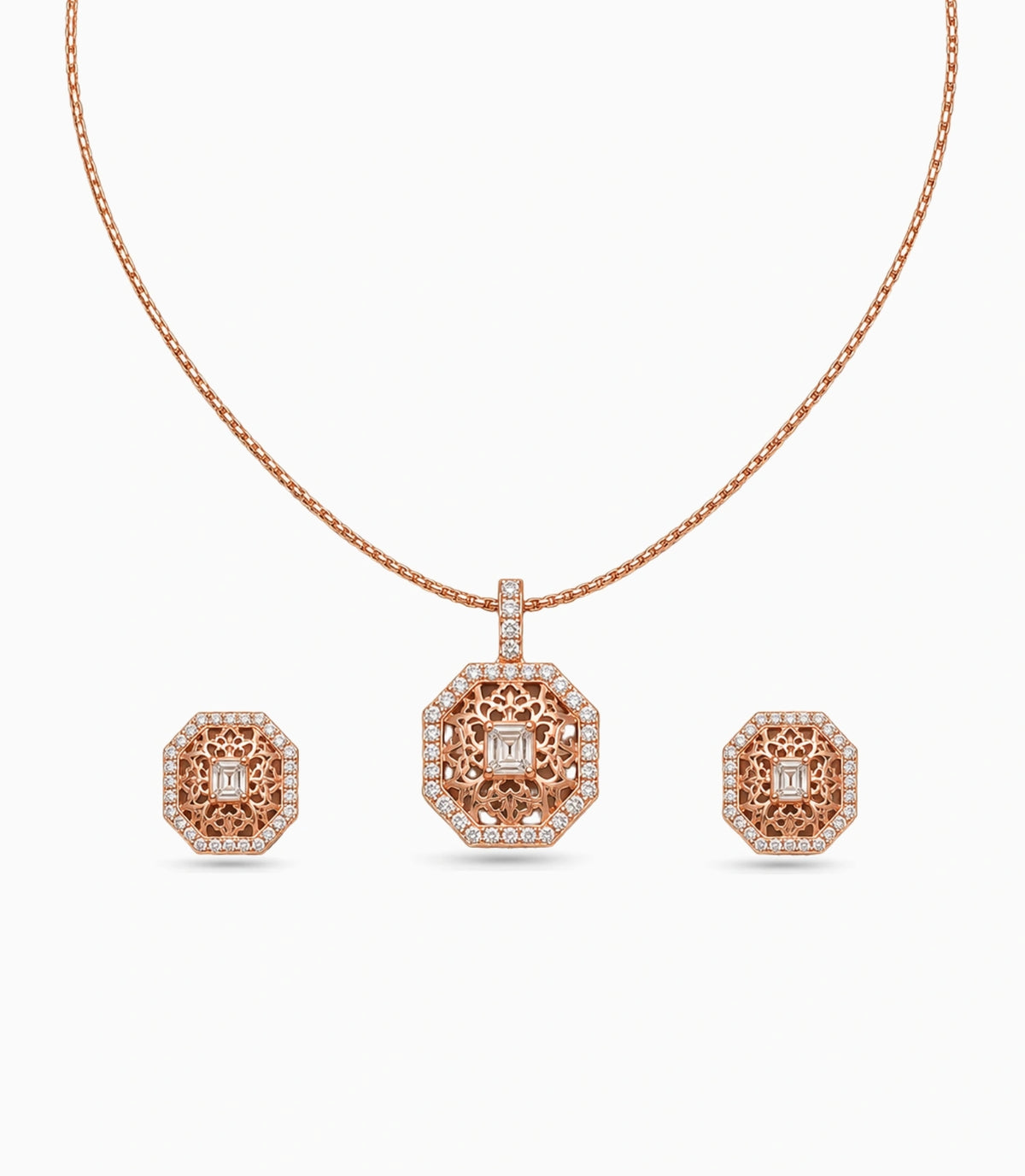 Rose Gold Plated Delicate Octagon CZ Chain Pendant Set