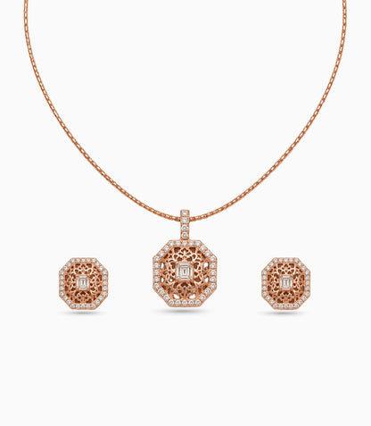 Rose Gold Plated Delicate Octagon CZ Chain Pendant Set