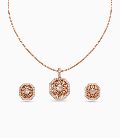 Rose Gold Plated Delicate Octagon CZ Chain Pendant Set