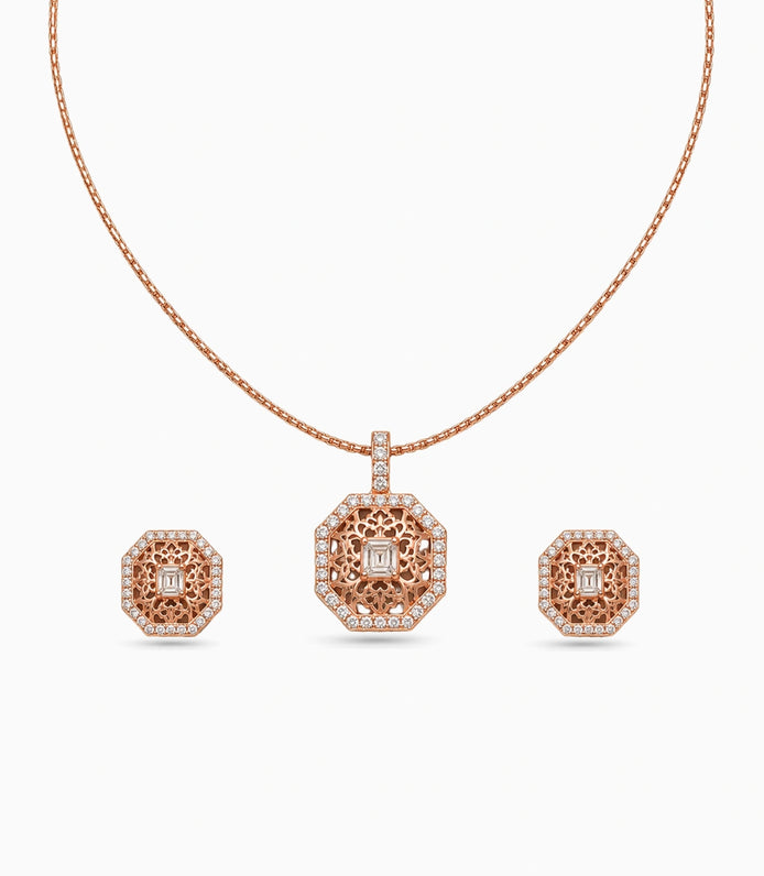 Rose Gold Plated Delicate Octagon CZ Chain Pendant Set