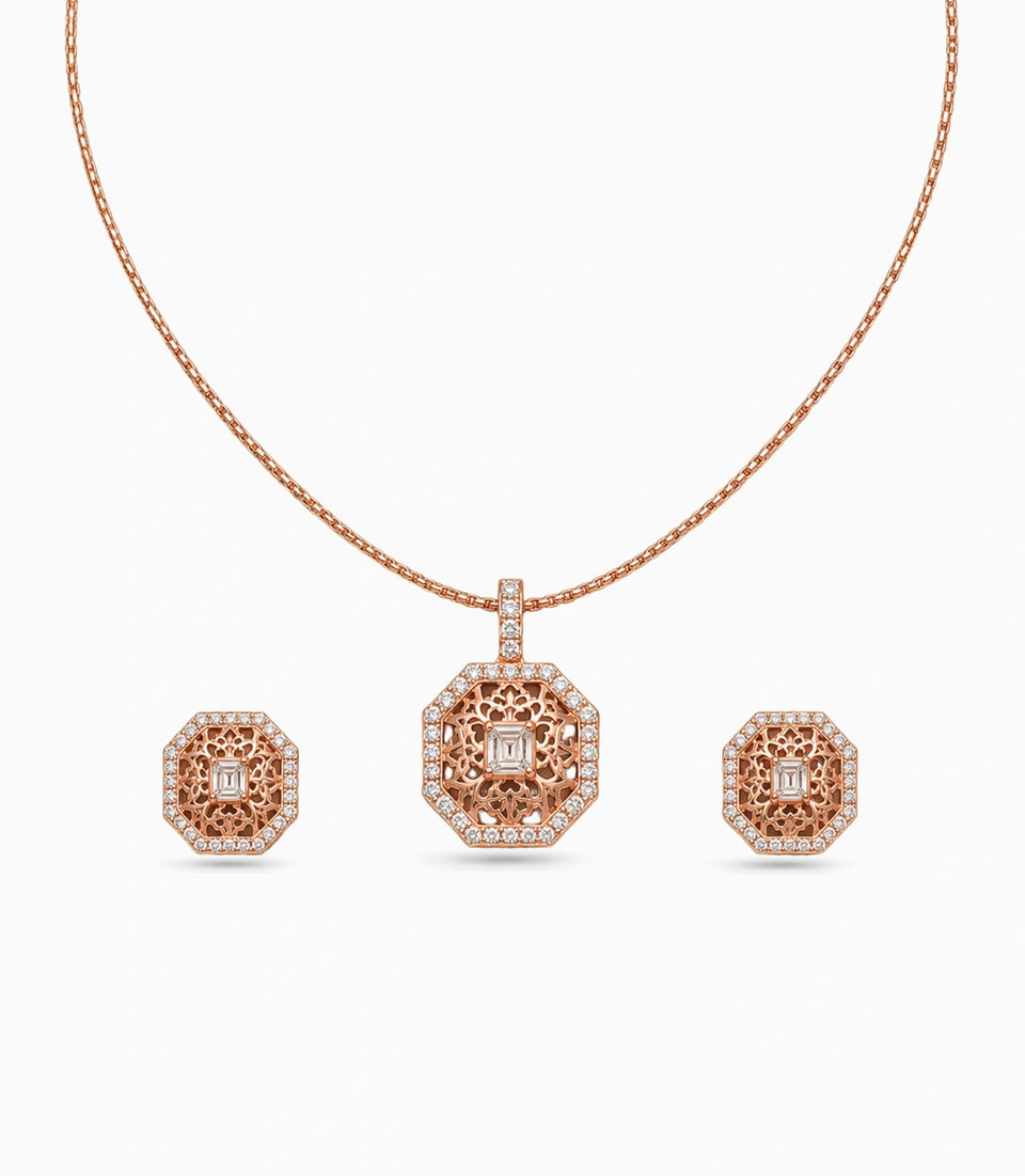 Rose Gold Plated Delicate Octagon CZ Chain Pendant Set