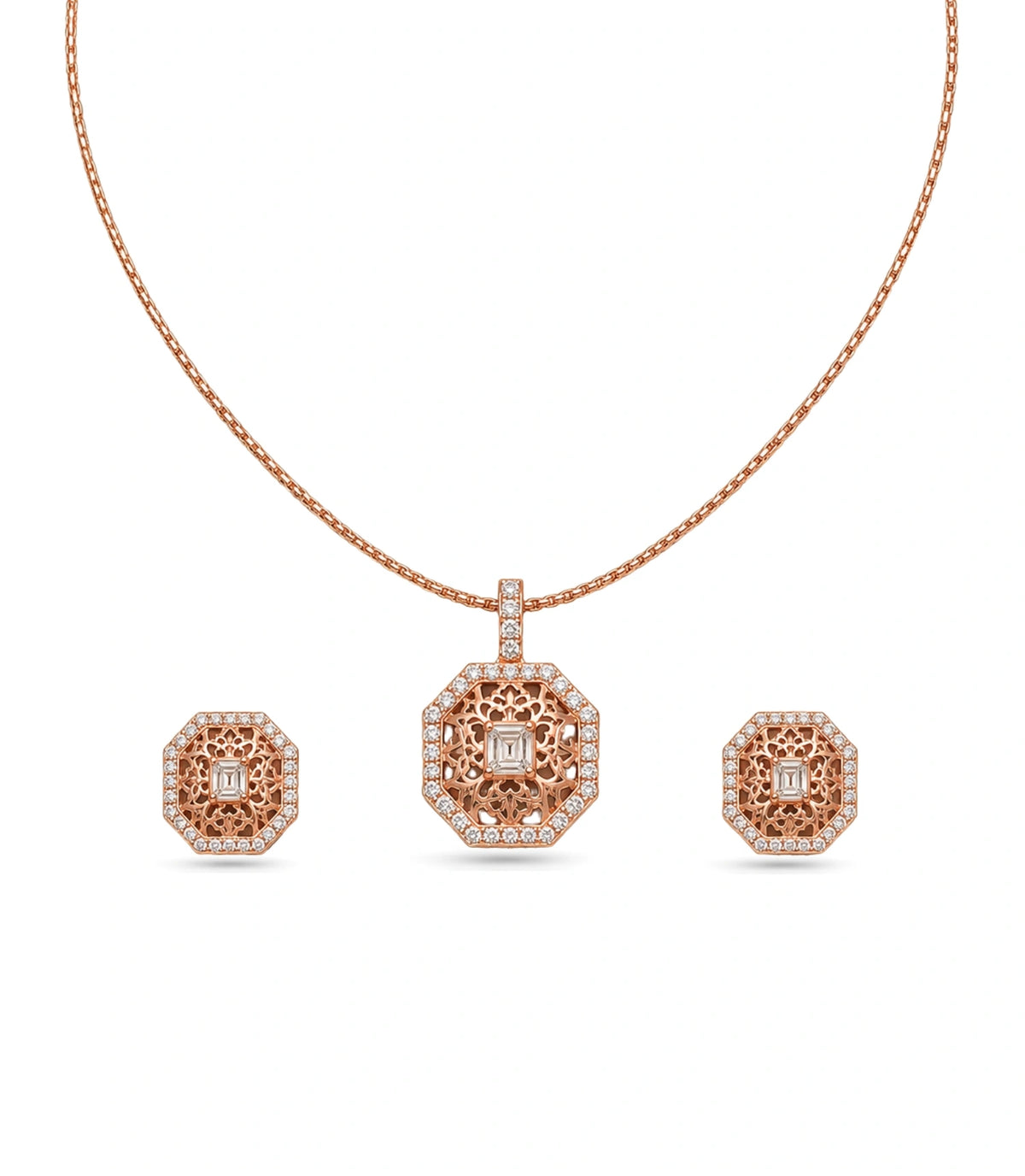 Rose Gold Plated Delicate Octagon CZ Chain Pendant Set