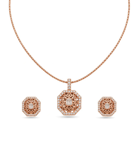 Rose Gold Plated Delicate Octagon CZ Chain Pendant Set