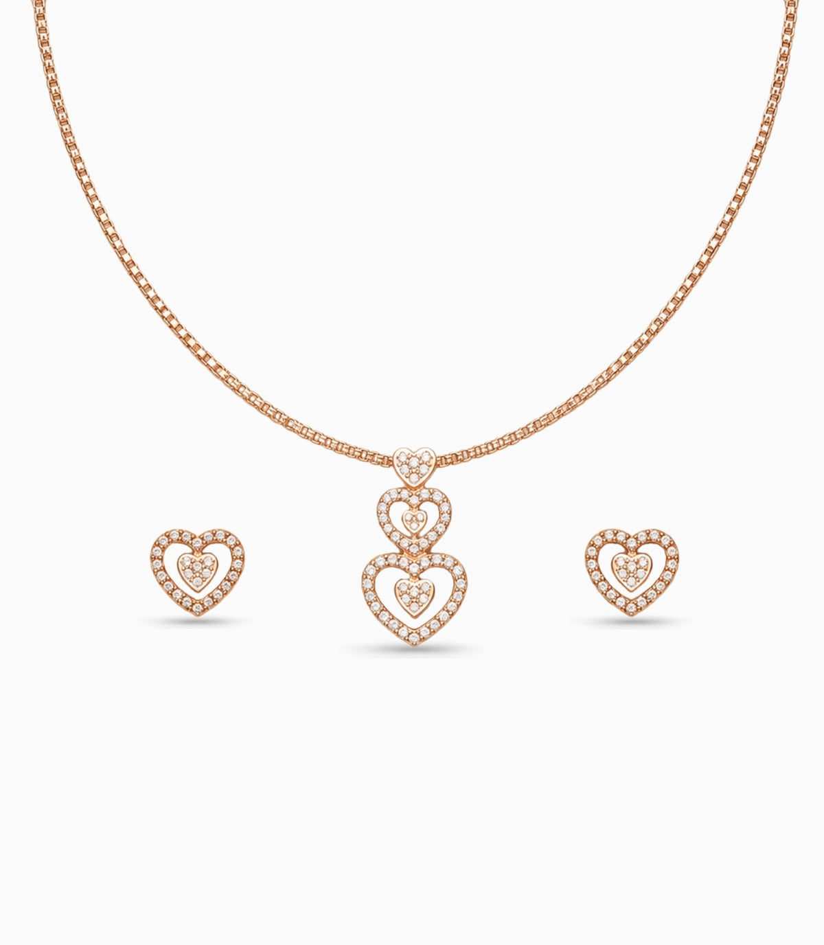 Rose Gold Plated Delicate Dual Heart CZ Chain Pendant Set