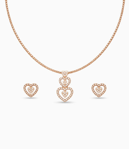Rose Gold Plated Delicate Dual Heart CZ Chain Pendant Set