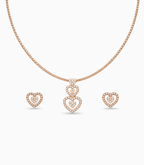 Rose Gold Plated Delicate Dual Heart CZ Chain Pendant Set