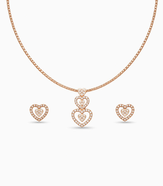 Rose Gold Plated Delicate Dual Heart CZ Chain Pendant Set