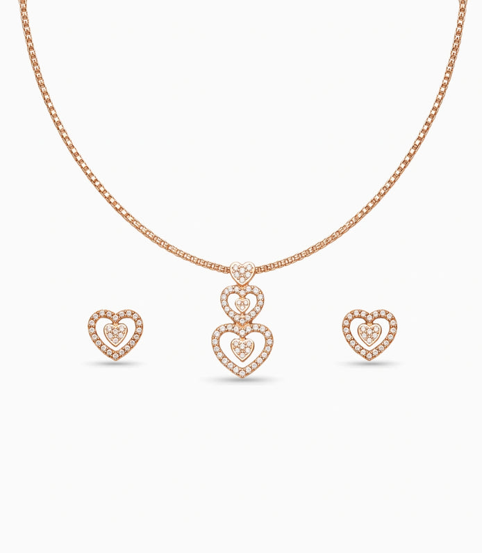 Rose Gold Plated Delicate Dual Heart CZ Chain Pendant Set