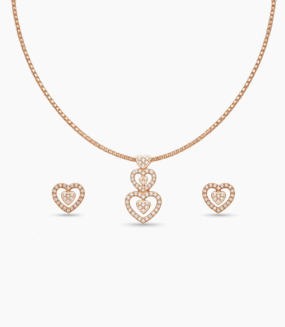 Rose Gold Plated Delicate Dual Heart CZ Chain Pendant Set