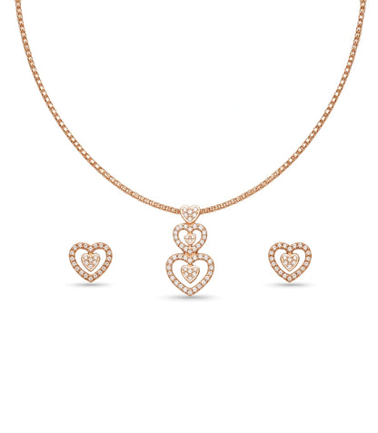 Rose Gold Plated Delicate Dual Heart CZ Chain Pendant Set