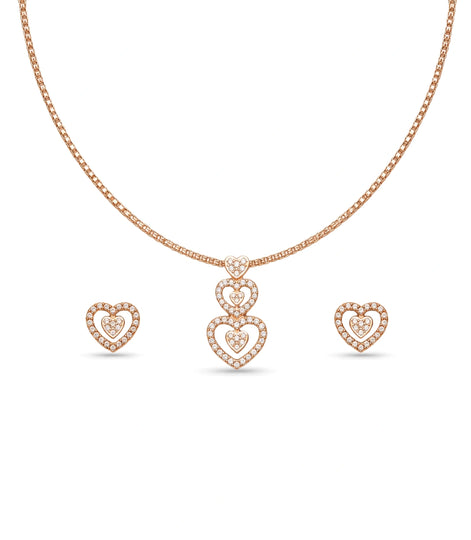 Rose Gold Plated Delicate Dual Heart CZ Chain Pendant Set