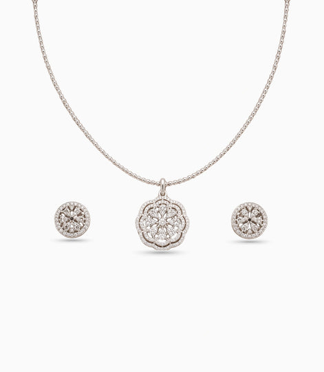 Rhodium Plated Delicate Sparkling CZ Chain Pendant Set