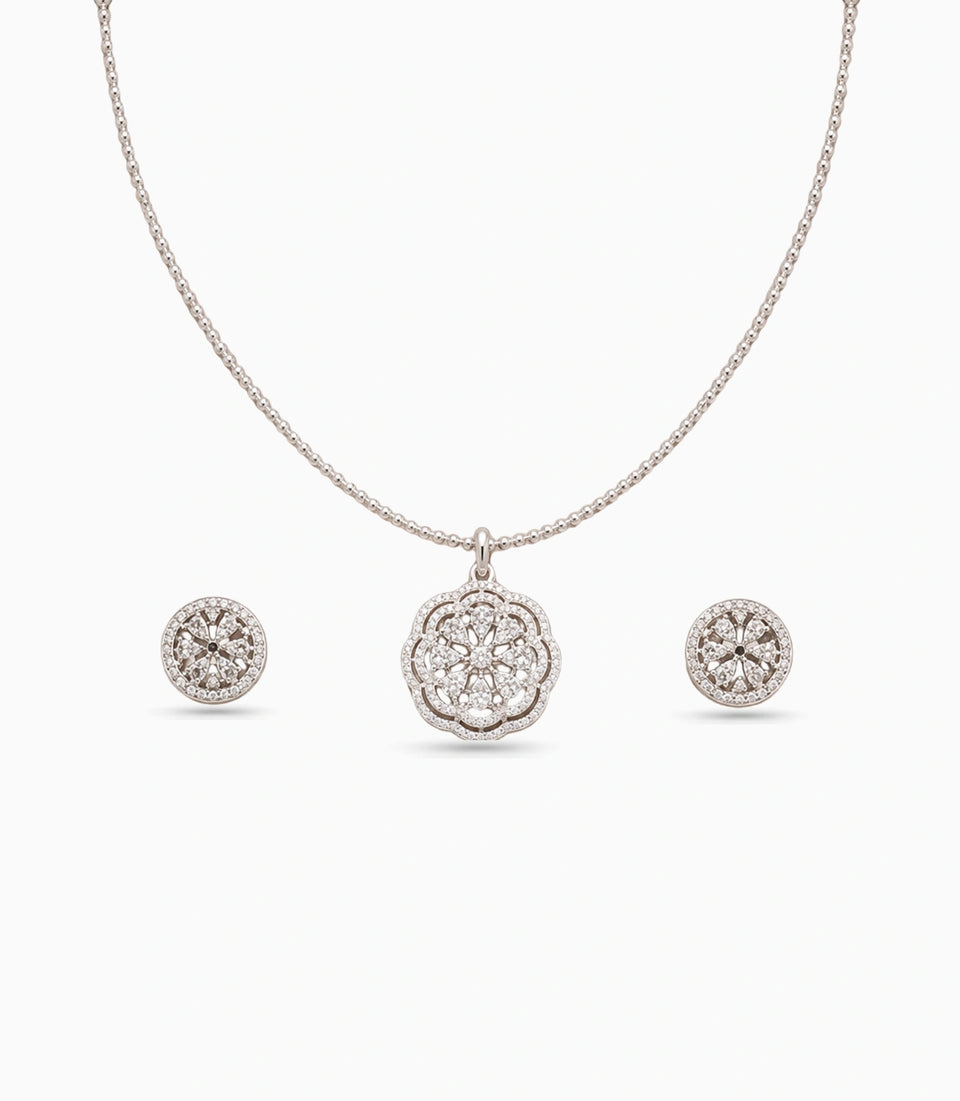 Rhodium Plated Delicate Sparkling CZ Chain Pendant Set