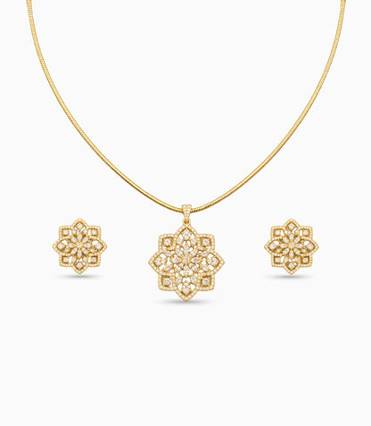 Gold Plated Delicate Lotus Mandala CZ Chain Pendant Set