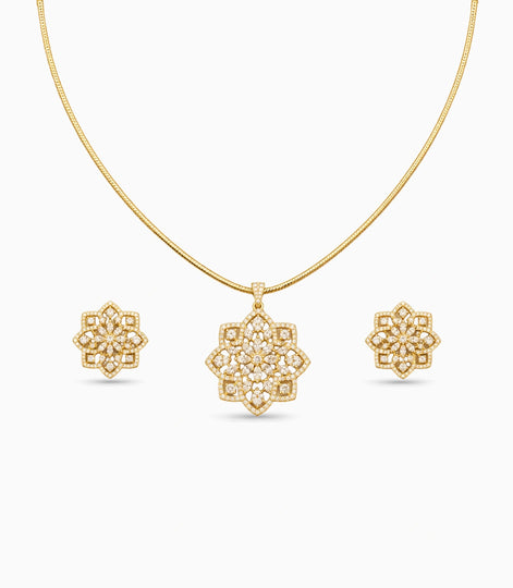 Gold Plated Delicate Lotus Mandala CZ Chain Pendant Set