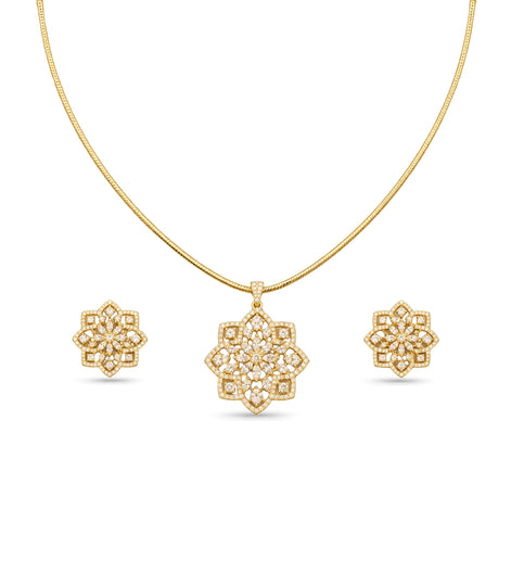 Gold Plated Delicate Lotus Mandala CZ Chain Pendant Set